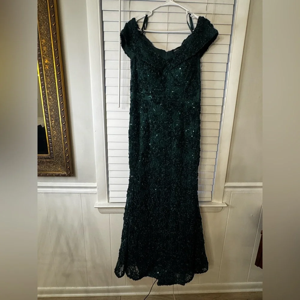 Xscape Dark Green Off-Shoulder Sequin Lace Maxi Dress - Picture 1 of 10